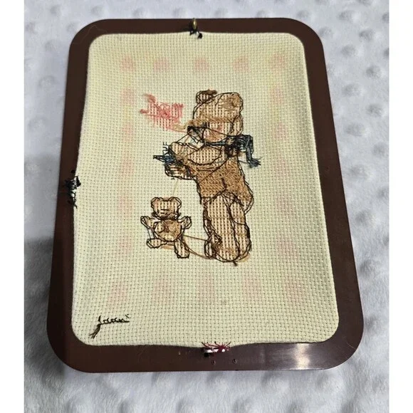 Framed Teddy Bear Cross Stitch Frame Vintage Nursery 1980's Decor Cottagecore - Picture 4 of 12